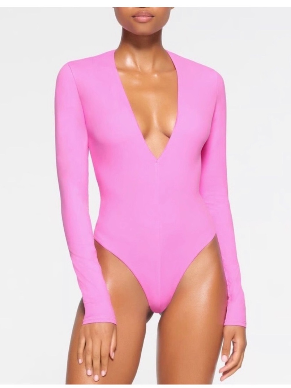 SKIMS Long-Sleeve Deep V One-Piece Swimsuit - Hot Pink